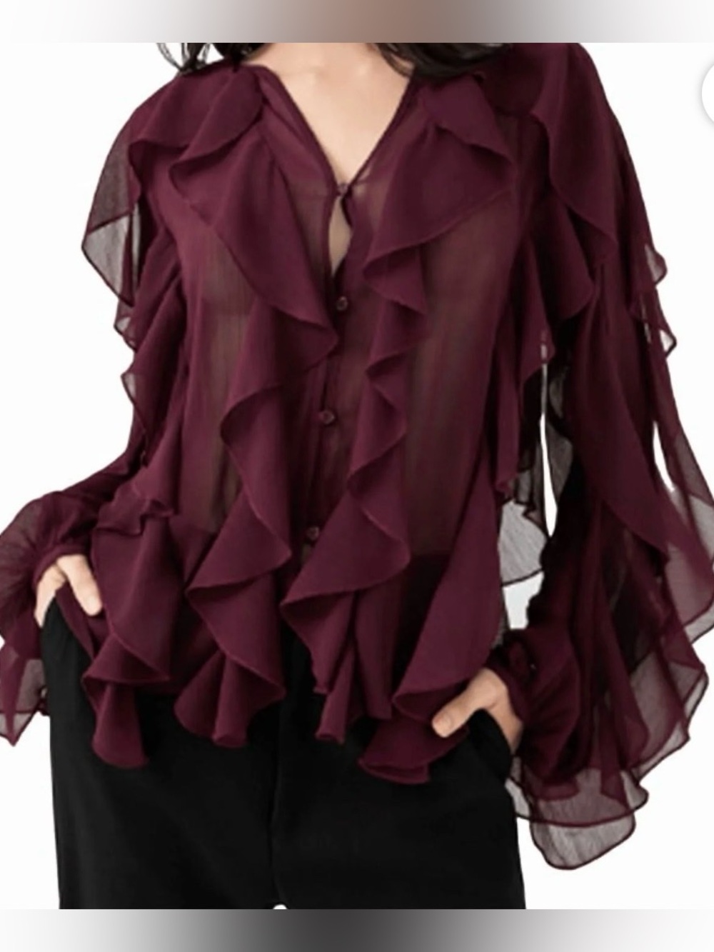 Billowy Semi-Sheer Button Ruffle Long Sleeve Top In Plum Boho Festival